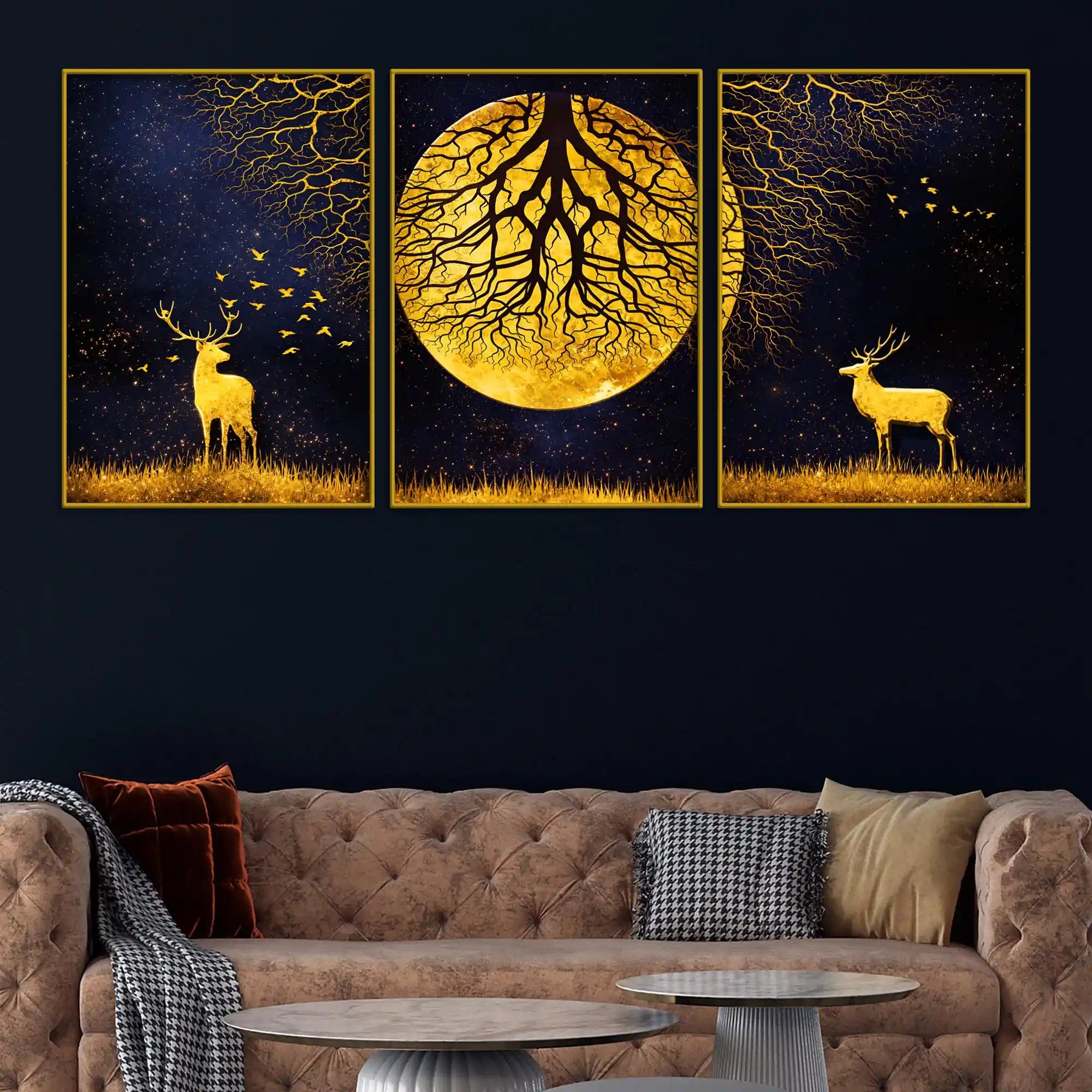 Majestic Golden Stag Under Moonlight Floating Frame Crystal Wall Painting Set of 3
