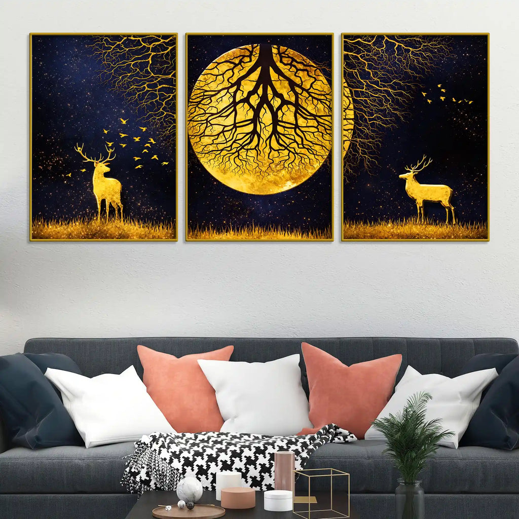 Majestic Golden Stag Under Moonlight Floating Frame Crystal Wall Painting Set of 3