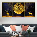 Majestic Golden Stag Under Moonlight Floating Frame Crystal Wall Painting Set of 3