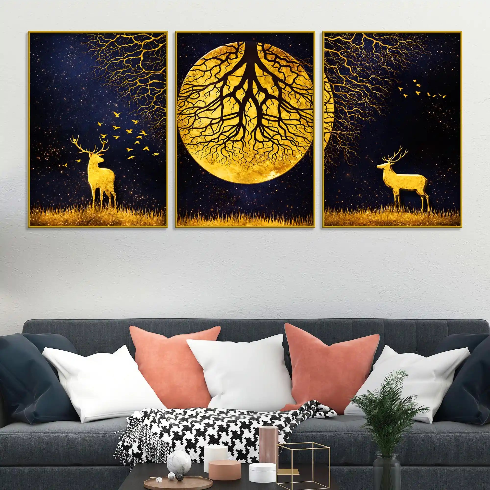 Majestic Golden Stag Under Moonlight Floating Frame Crystal Wall Painting Set of 3