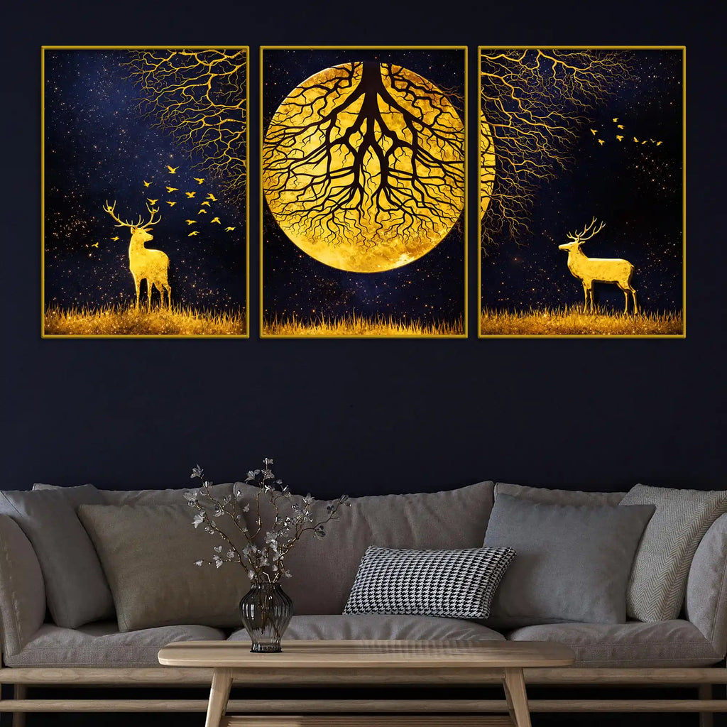 Majestic Golden Stag Under Moonlight Floating Frame Crystal Wall Painting Set of 3