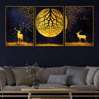 Majestic Golden Stag Under Moonlight Floating Frame Crystal Wall Painting Set of 3