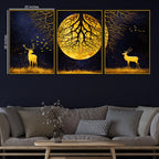 Majestic Golden Stag Under Moonlight Floating Frame Crystal Wall Painting Set of 3