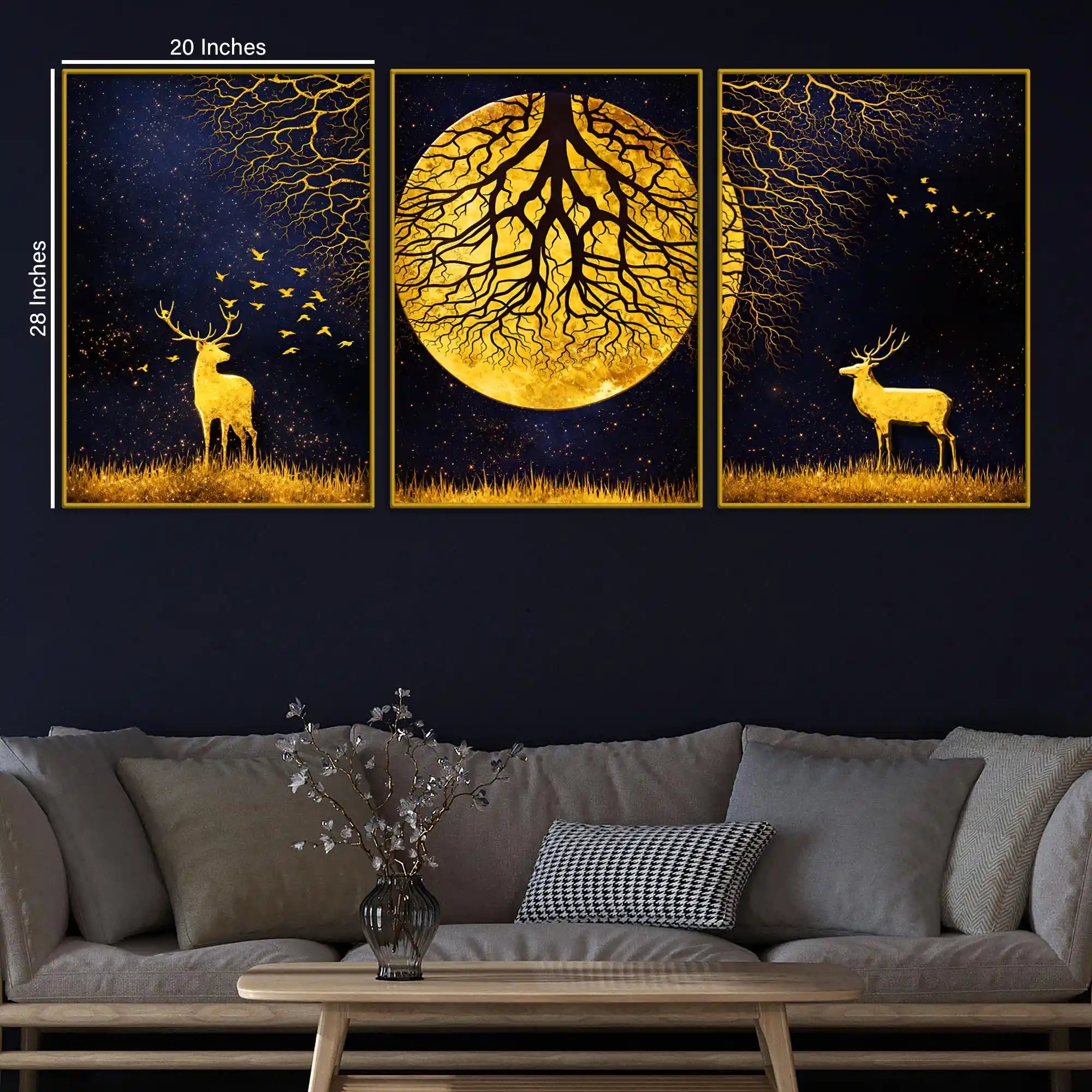Majestic Golden Stag Under Moonlight Floating Frame Crystal Wall Painting Set of 3