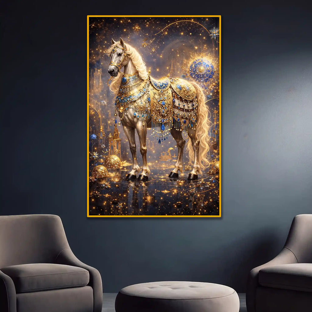 Majestic Horse with Golden Embellishments Floating Frame Crystal Wall Painting