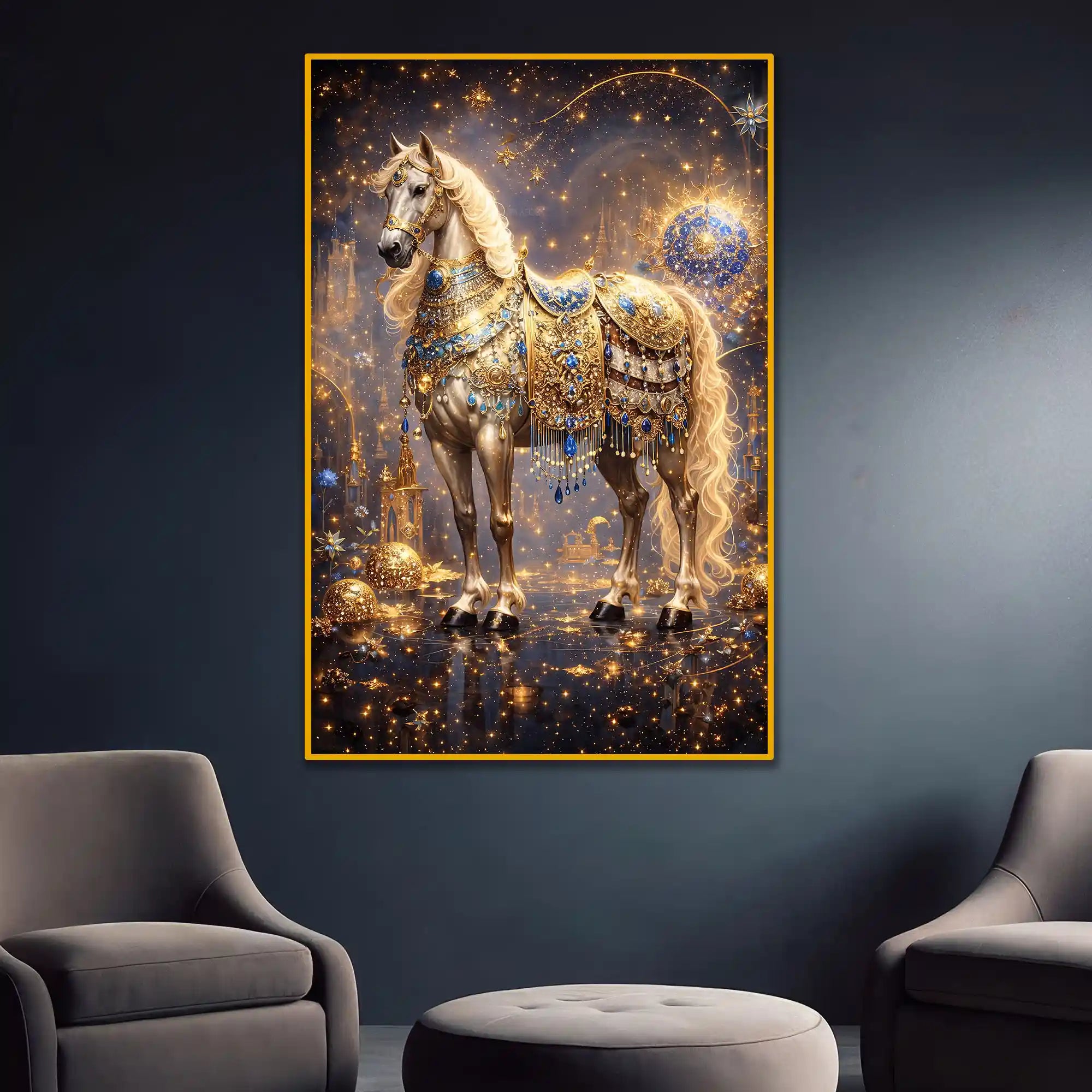 Majestic Horse with Golden Embellishments Floating Frame Crystal Wall Painting
