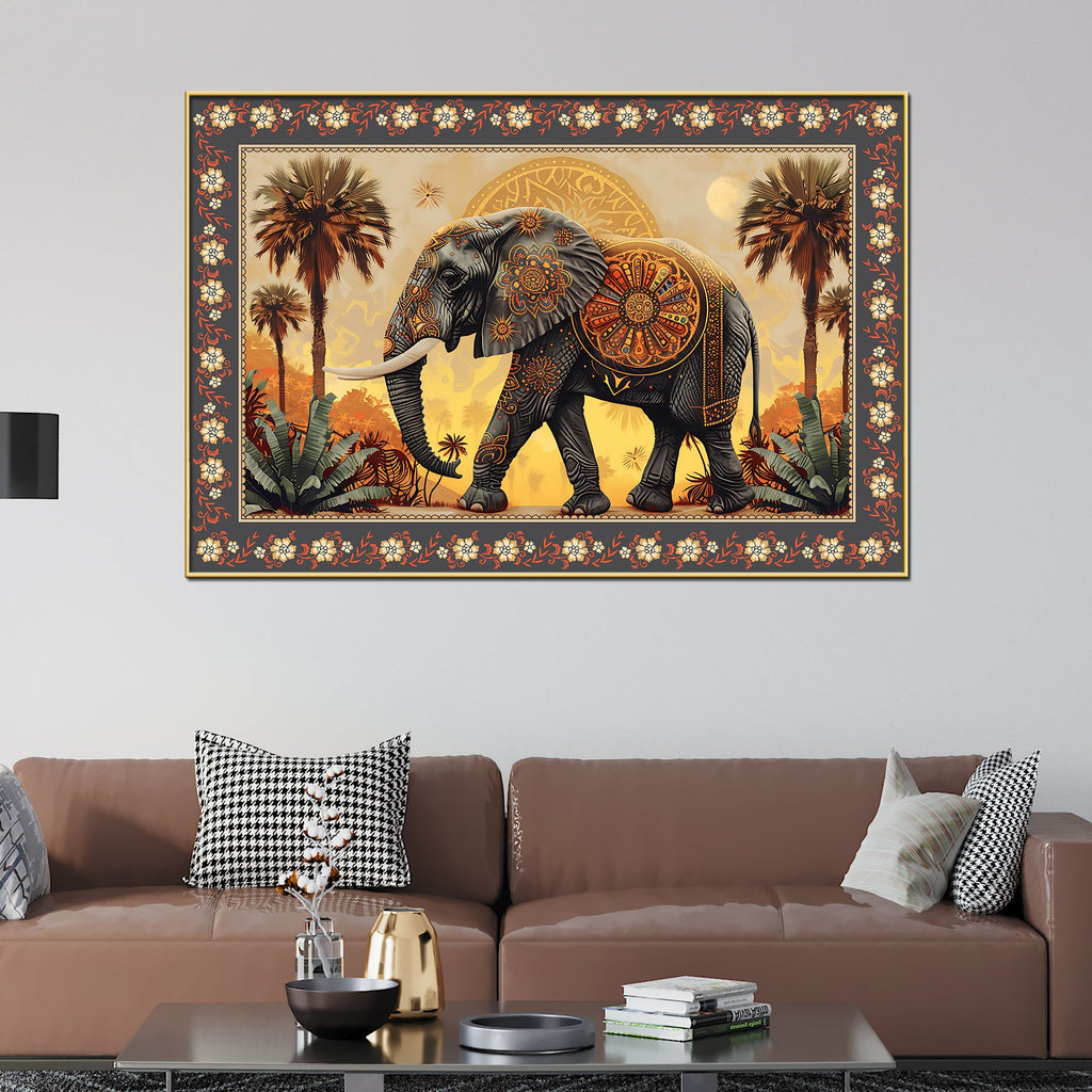 Mandala Design Elephant in Sunset Floral Border Canvas Wall Painting