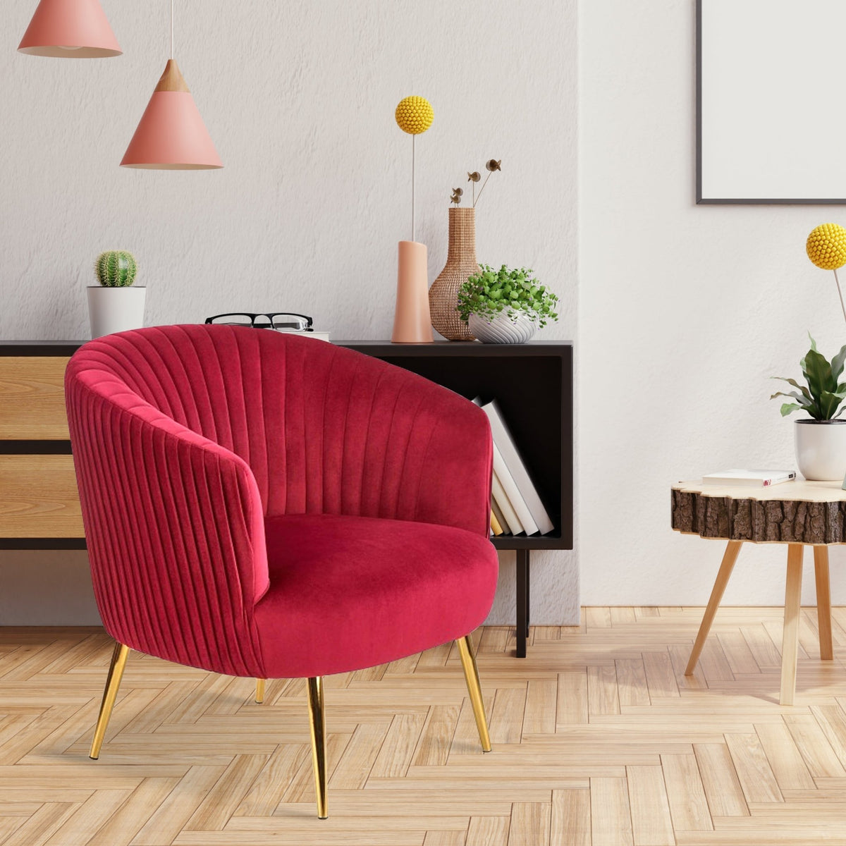 Maroon Cocooned Pattern Velvet Lounge Chair - Decor Smart