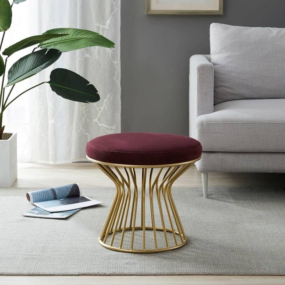 Maroon Velvet Pouffe with Glamorous Gold Detailing