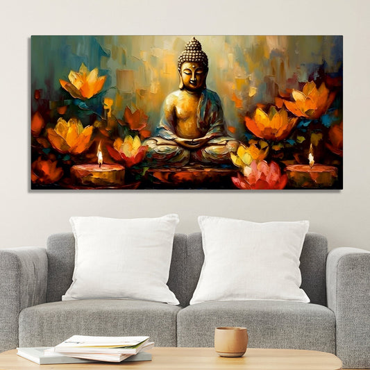 Meditating Buddha Statue with Lotus Flower Canvas Wall Painting – Decor Smart Serenity