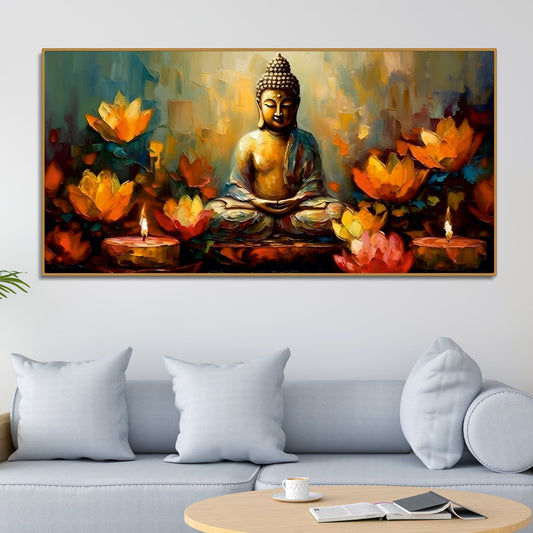 Meditating Buddha Statue with Lotus Flower Canvas Wall Painting – Decor Smart Serenity