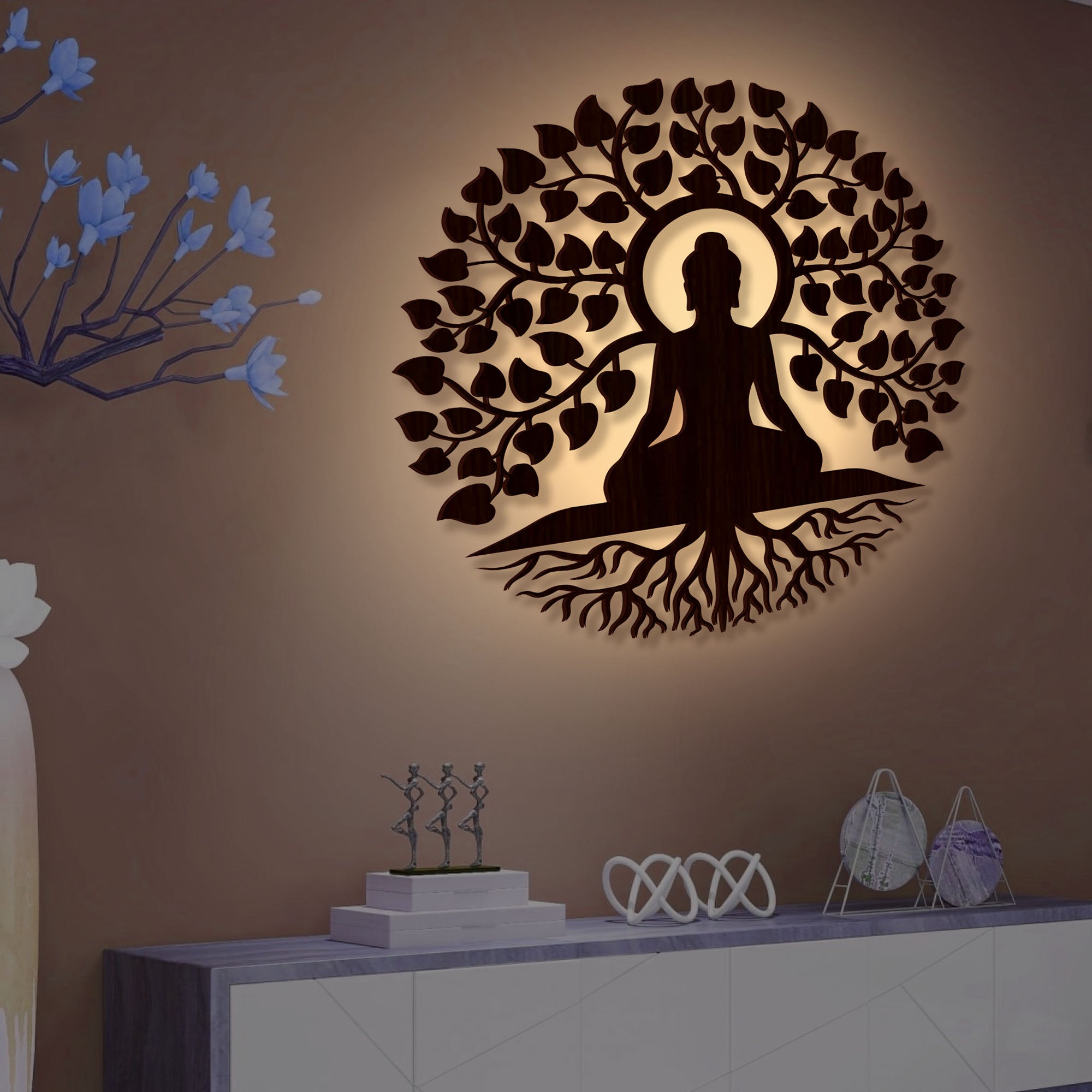 Meditating Lord Buddha Art Backlit Wooden Wall Hanging with LED Night Light Walnut Finish - Decor Smart