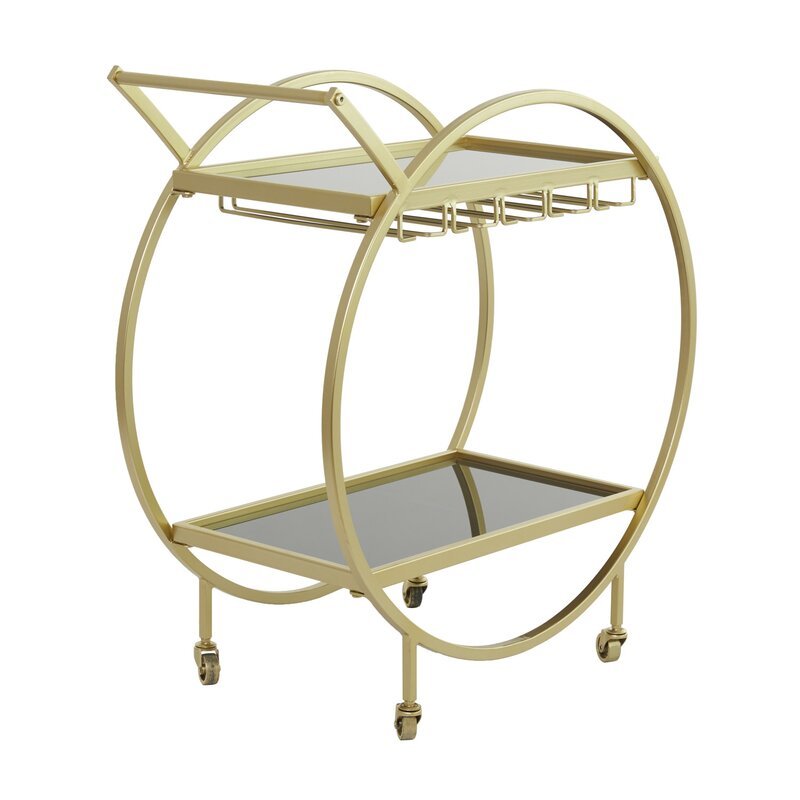 Metal Rolling 2 Mirored Shelves Bar Cart with Wine Glass Storage and Handle - Decor Smart