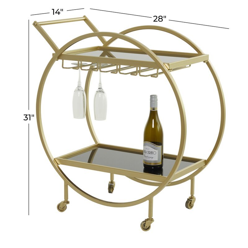Metal Rolling 2 Mirored Shelves Bar Cart with Wine Glass Storage and Handle - Decor Smart