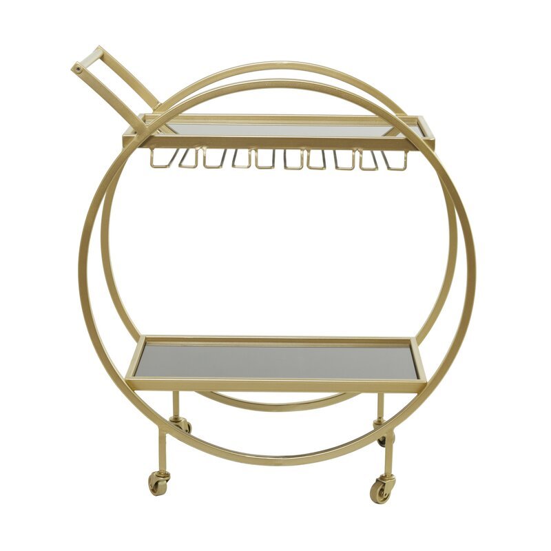 Metal Rolling 2 Mirored Shelves Bar Cart with Wine Glass Storage and Handle - Decor Smart