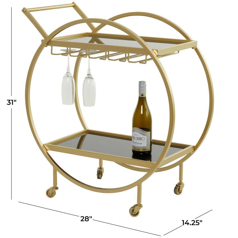 Metal Rolling 2 Mirored Shelves Bar Cart with Wine Glass Storage and Handle - Decor Smart