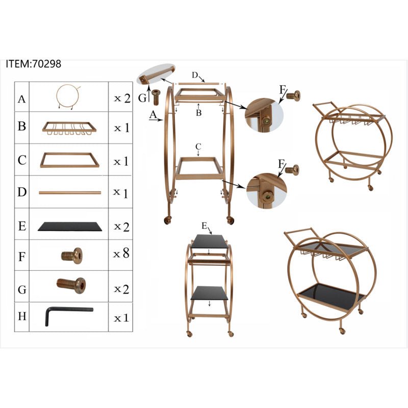 Metal Rolling 2 Mirored Shelves Bar Cart with Wine Glass Storage and Handle - Decor Smart