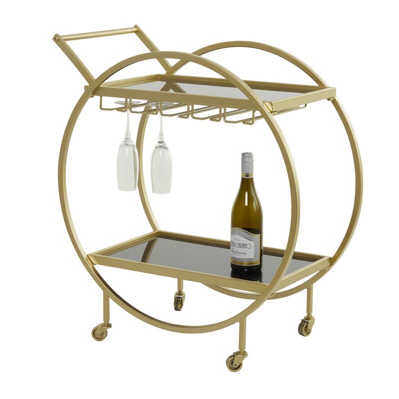 Metal Rolling 2 Mirored Shelves Bar Cart with Wine Glass Storage and Handle - Decor Smart