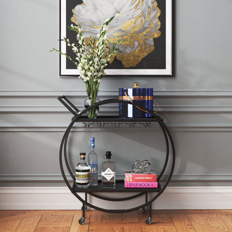 Metal Rolling 2 Mirored Shelves Bar Cart with Wine Glass Storage and Handle - Decor Smart