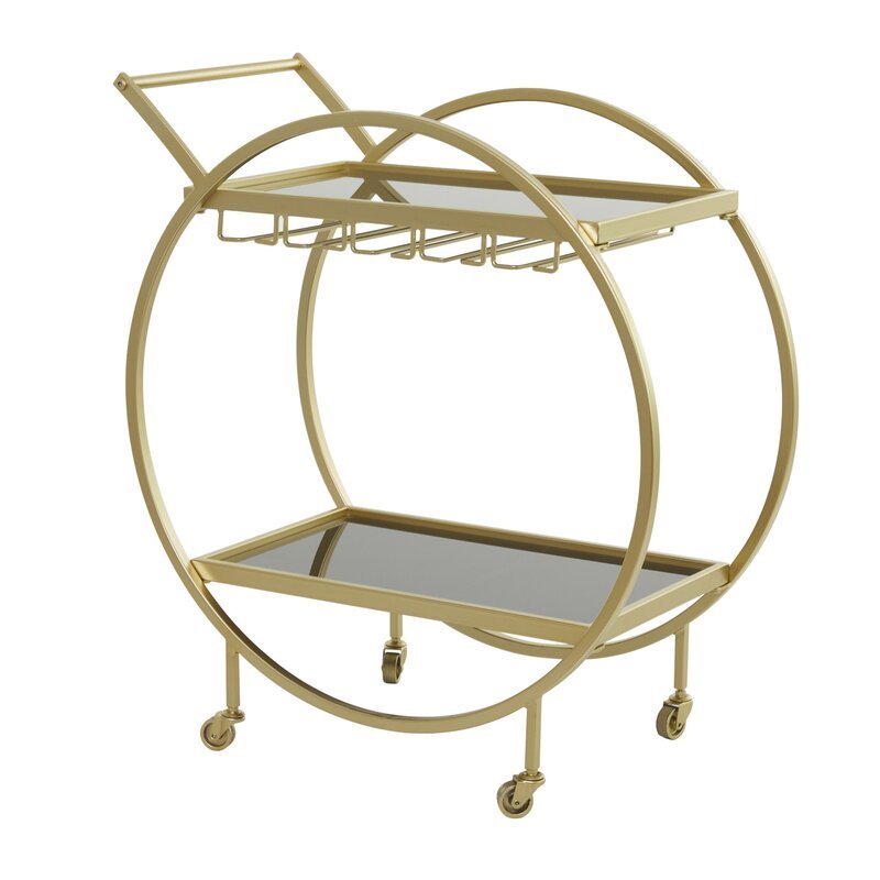 Metal Rolling 2 Mirored Shelves Bar Cart with Wine Glass Storage and Handle - Decor Smart