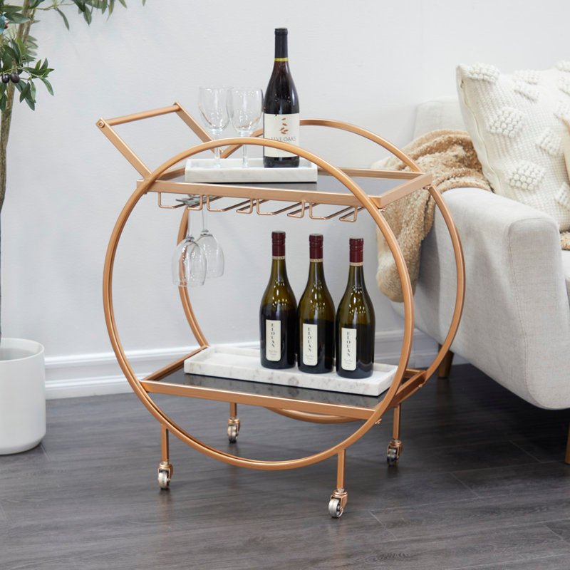 Metal Rolling 2 Mirored Shelves Bar Cart with Wine Glass Storage and Handle - Decor Smart