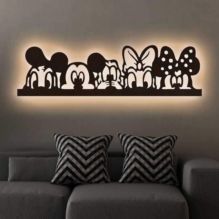 Mickey Mouse And Friends Backlit Wooden Wall Decor with LED Night Light Walnut Finish - Decor Smart