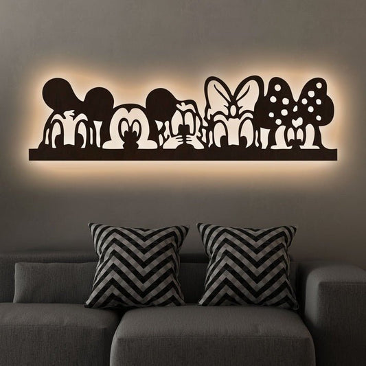 Mickey Mouse And Friends Backlit Wooden Wall Decor with LED Night Light Walnut Finish - Decor Smart