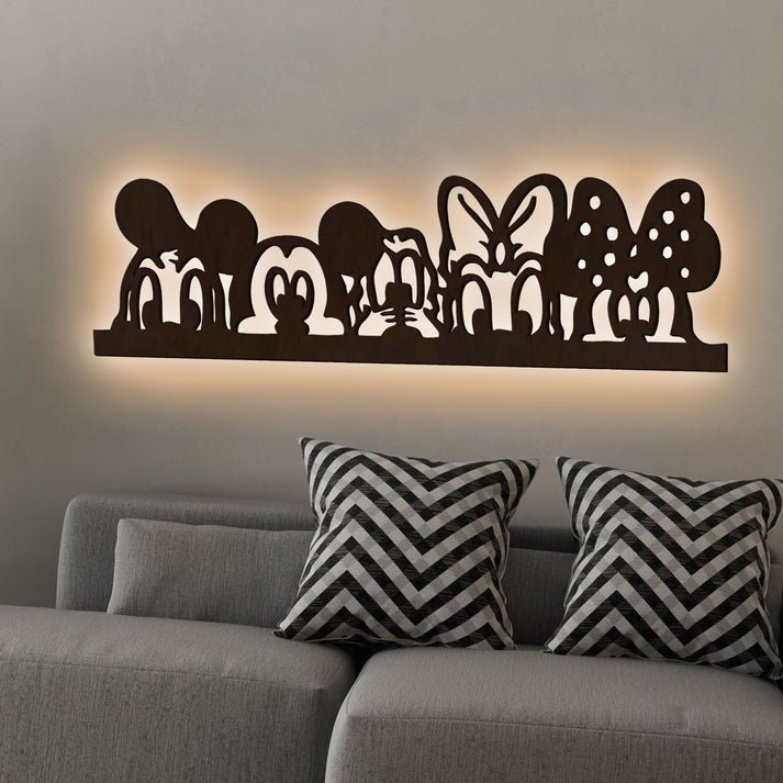 Mickey Mouse And Friends Backlit Wooden Wall Decor with LED Night Light Walnut Finish - Decor Smart