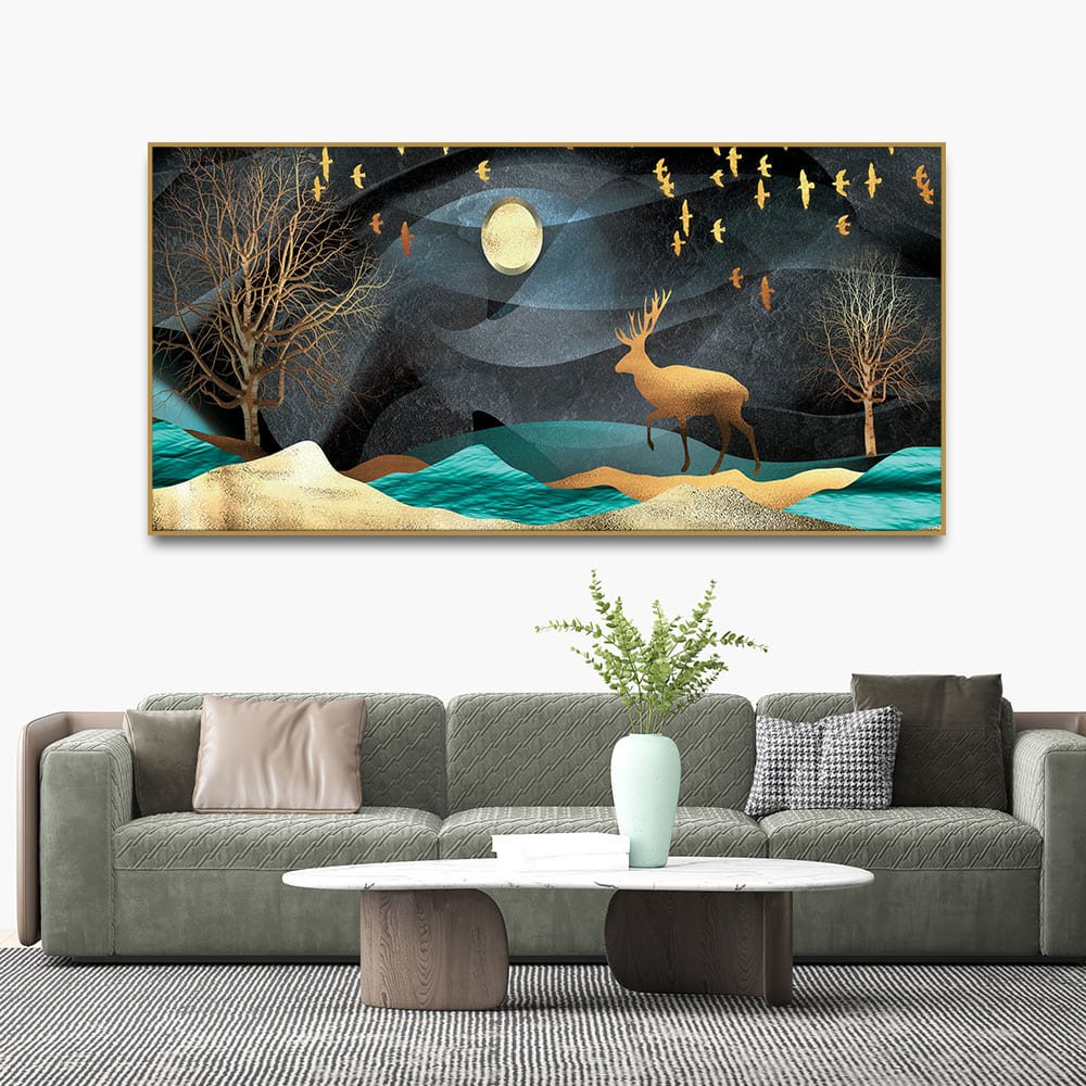 Midnight Golden Deer Scenery Premium Canvas Wall Painting - Decor Smart