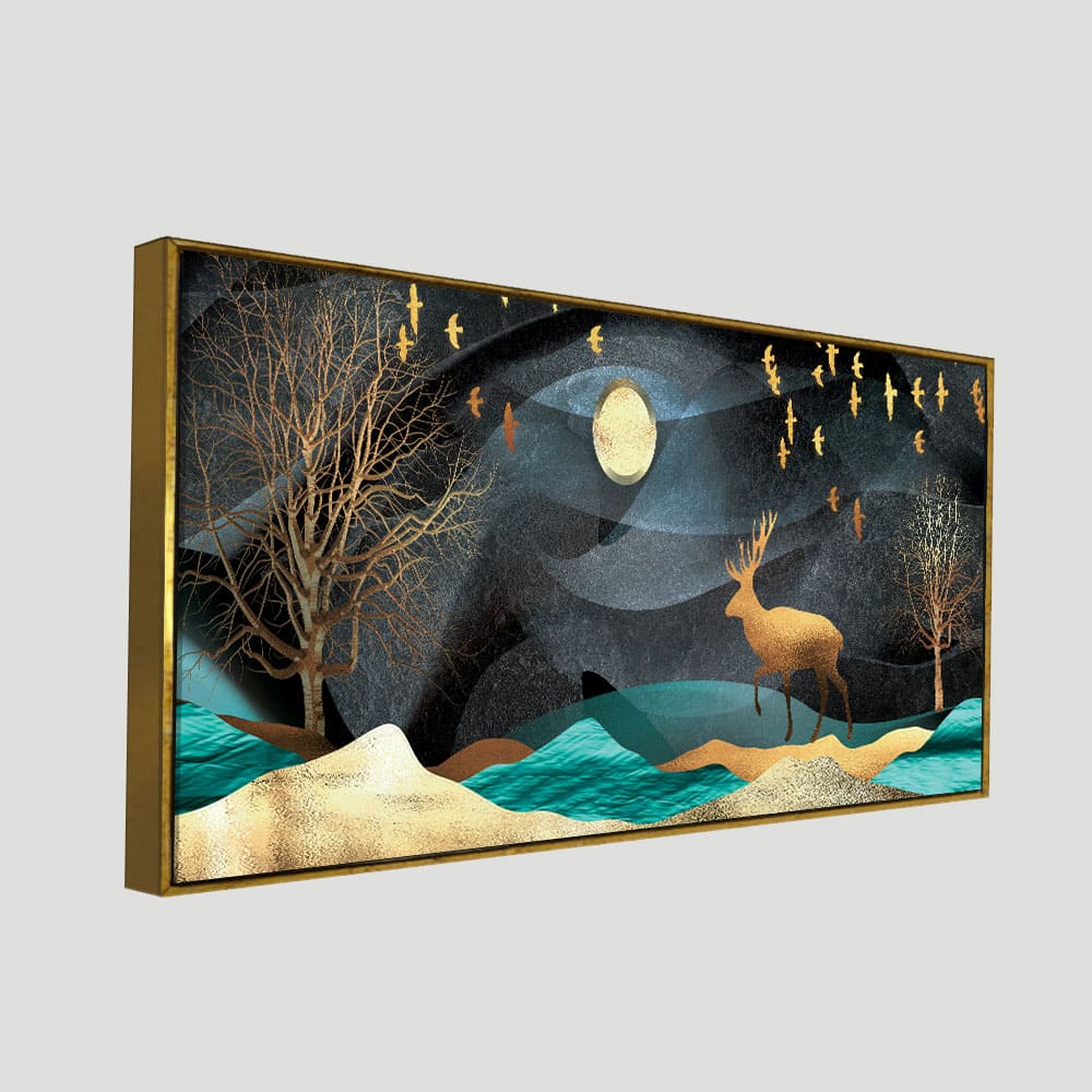 Midnight Golden Deer Scenery Premium Canvas Wall Painting - Decor Smart