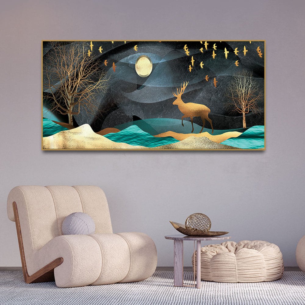 Midnight Golden Deer Scenery Premium Canvas Wall Painting - Decor Smart