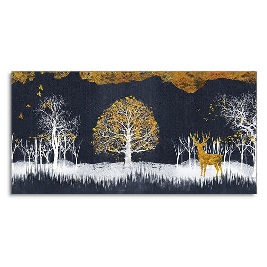 Midnight Golden Deer With Birds Scenery Premium Canvas Wall Painting - Decor Smart