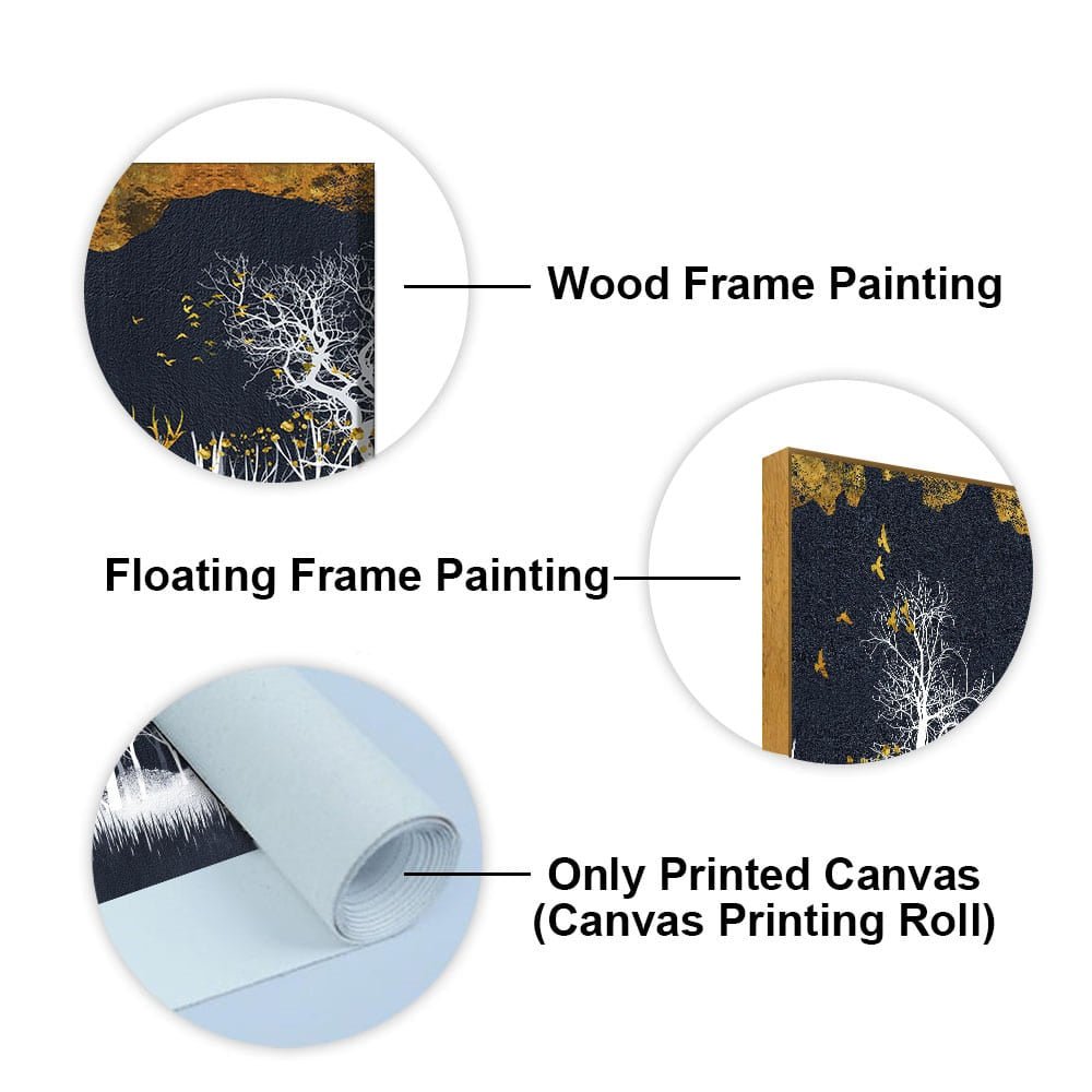 Midnight Golden Deer With Birds Scenery Premium Canvas Wall Painting - Decor Smart