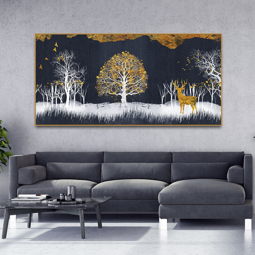 Midnight Golden Deer With Birds Scenery Premium Canvas Wall Painting - Decor Smart