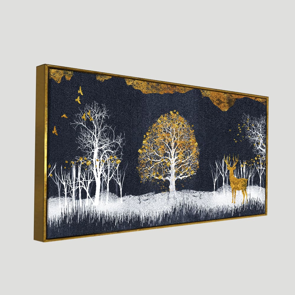 Midnight Golden Deer With Birds Scenery Premium Canvas Wall Painting - Decor Smart
