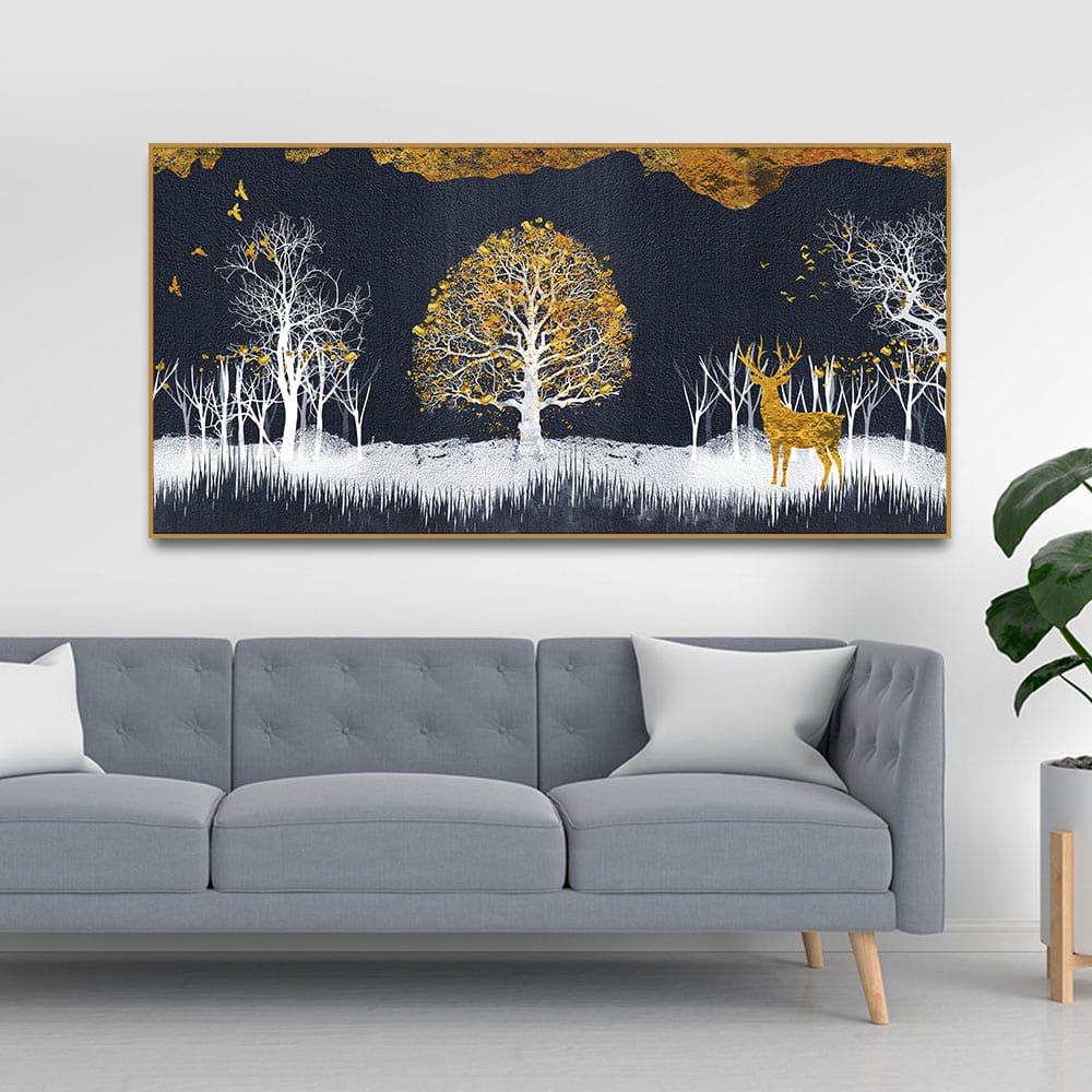 Midnight Golden Deer With Birds Scenery Premium Canvas Wall Painting - Decor Smart