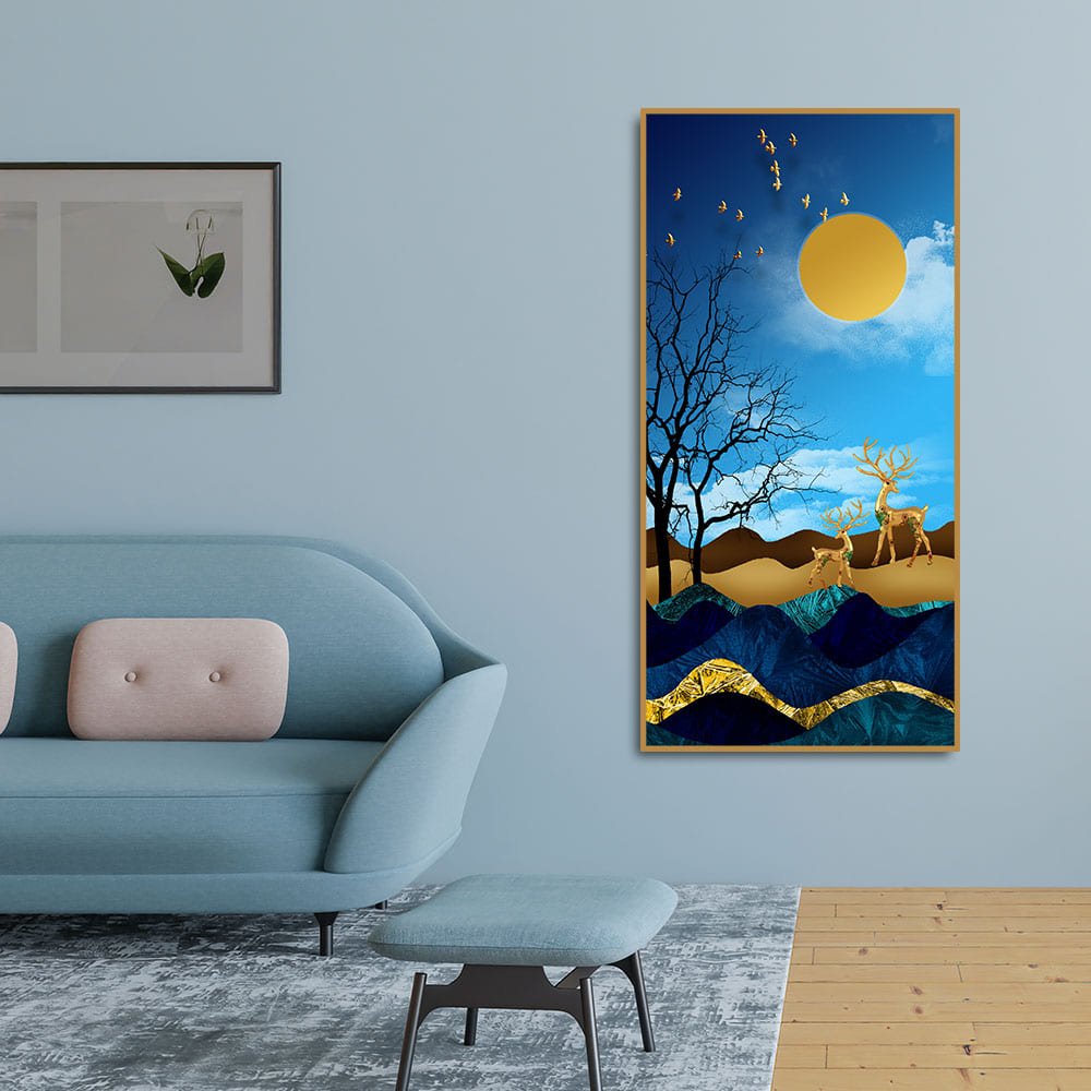 Midnight Golden Deers Scenery with Moon Premium Canvas Wall Painting - Decor Smart