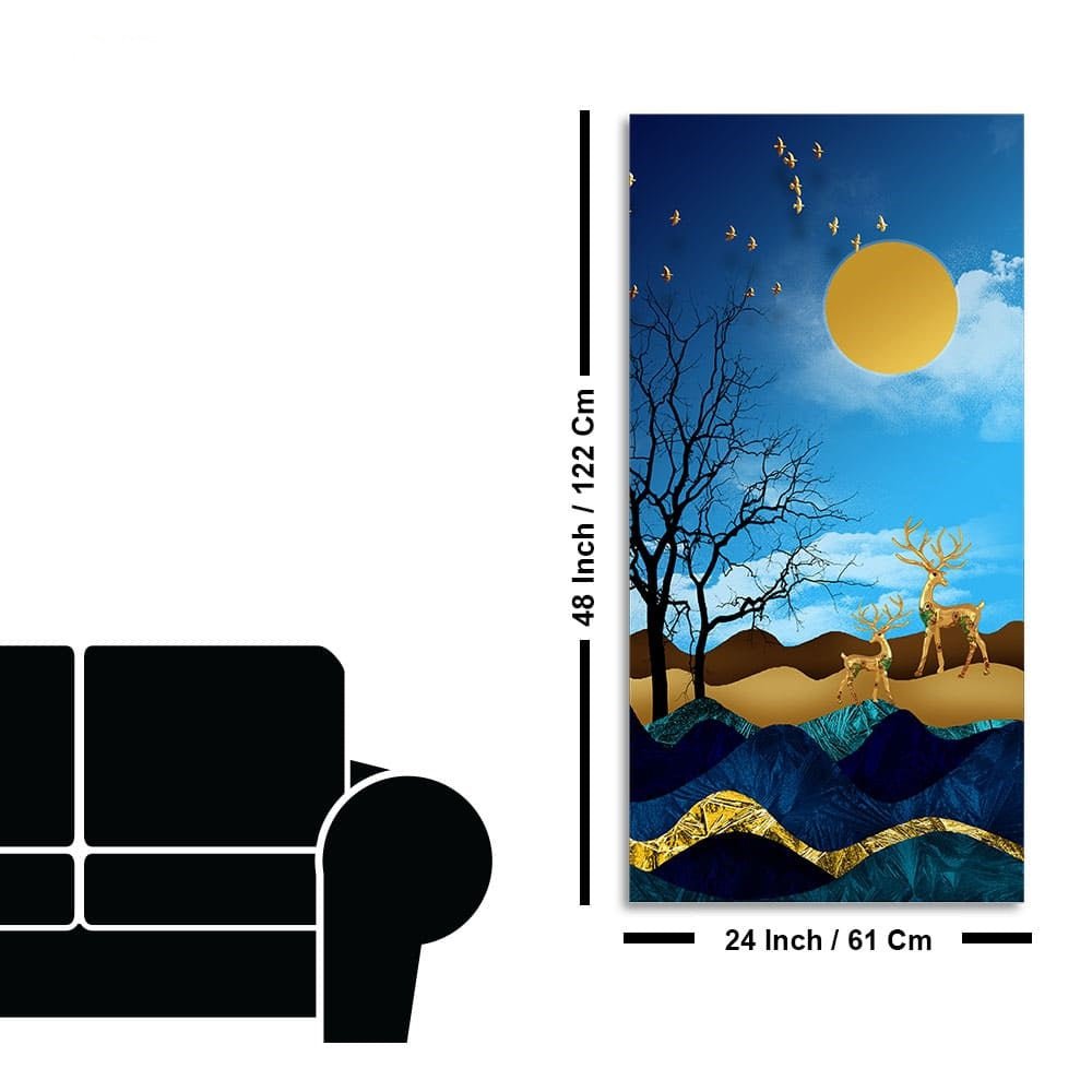 Midnight Golden Deers Scenery with Moon Premium Canvas Wall Painting - Decor Smart