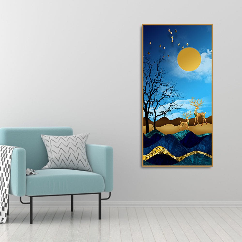 Midnight Golden Deers Scenery with Moon Premium Canvas Wall Painting - Decor Smart
