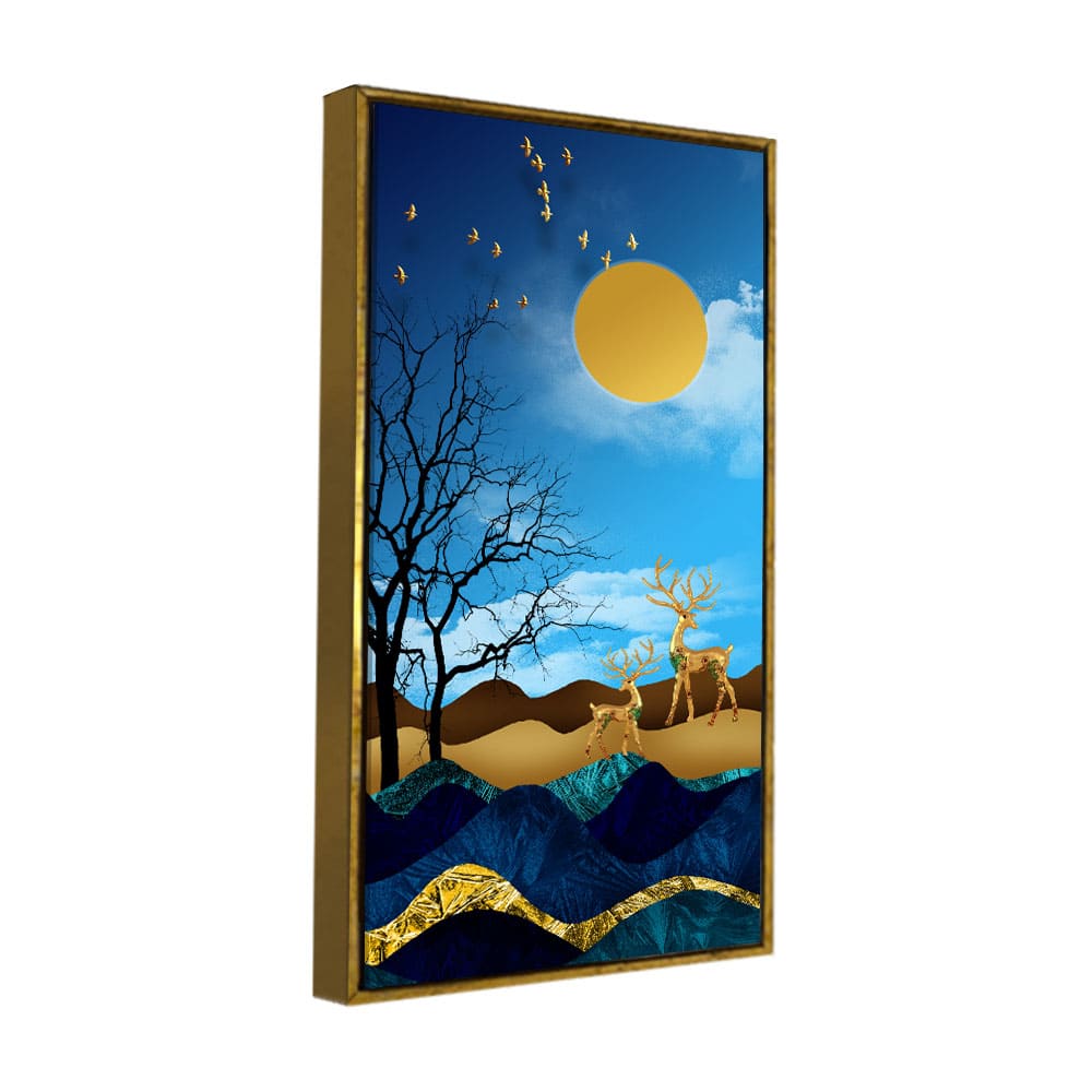 Midnight Golden Deers Scenery with Moon Premium Canvas Wall Painting - Decor Smart
