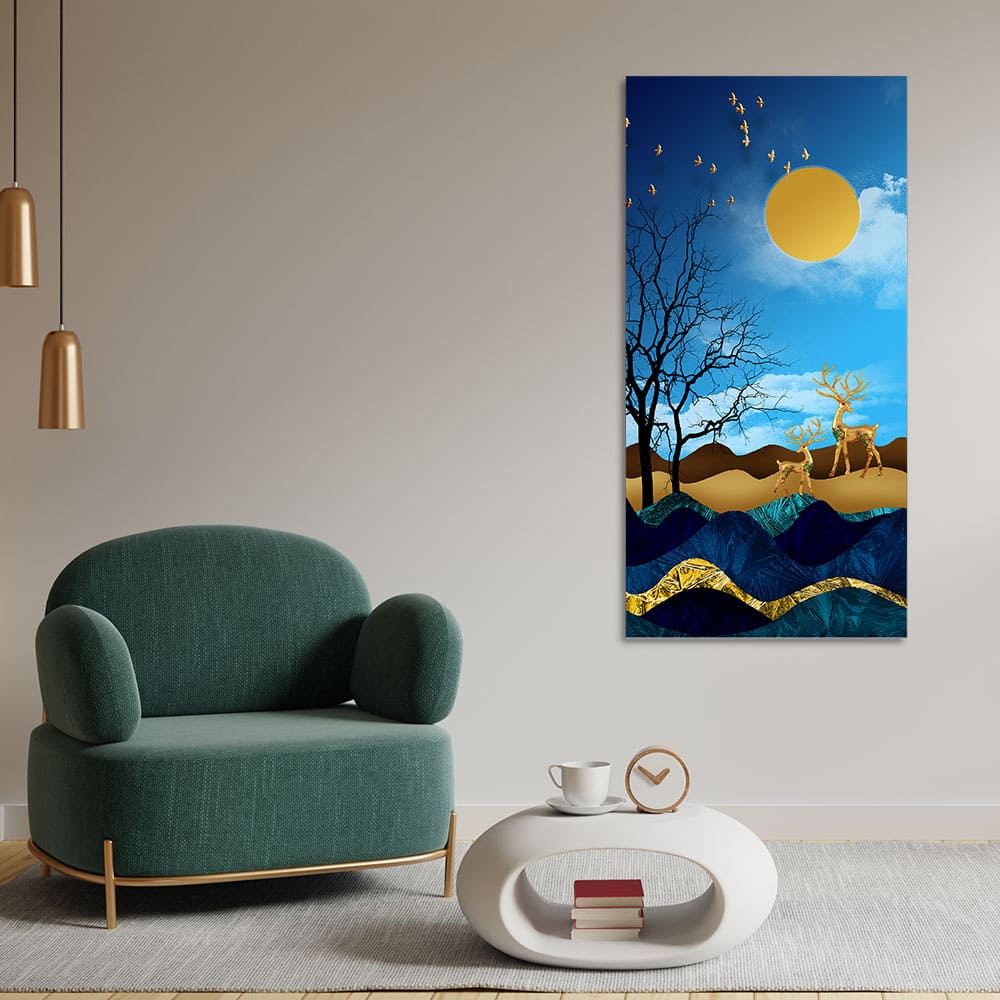 Midnight Golden Deers Scenery with Moon Premium Canvas Wall Painting - Decor Smart