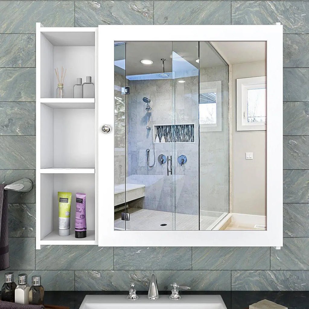Minimal Design Wooden Bathroom Cabinet Mirror with 5 Spacious Shelves with White Finish - Decor Smart