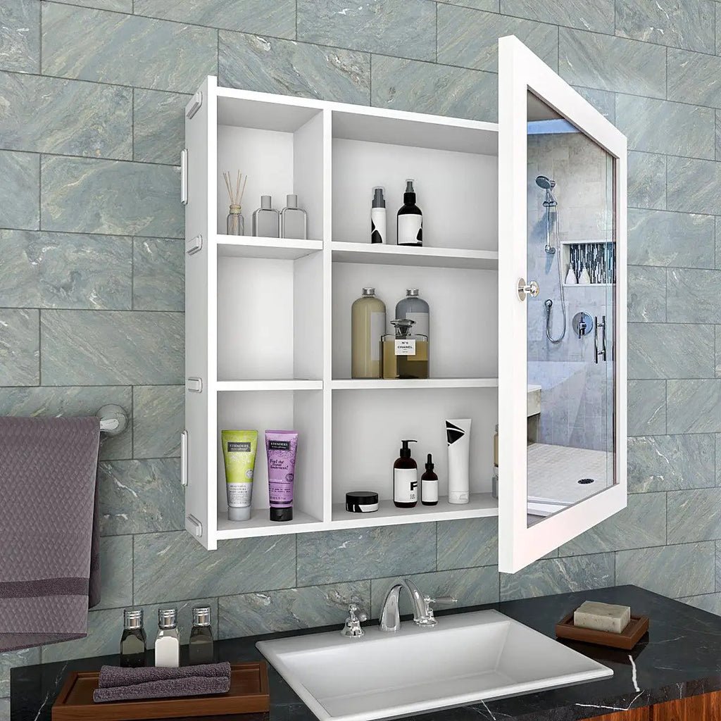 Minimal Design Wooden Bathroom Cabinet Mirror with 5 Spacious Shelves with White Finish - Decor Smart