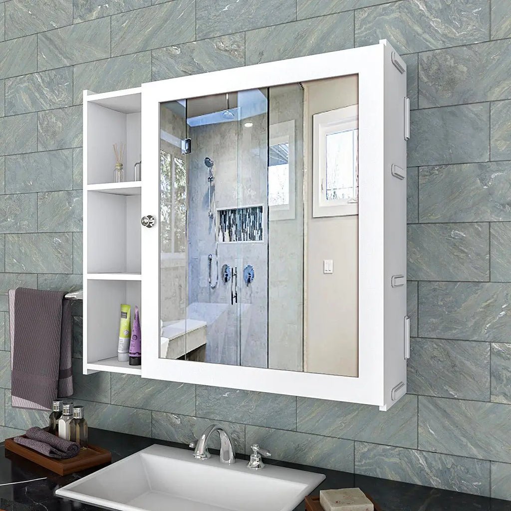 Minimal Design Wooden Bathroom Cabinet Mirror with 5 Spacious Shelves with White Finish - Decor Smart