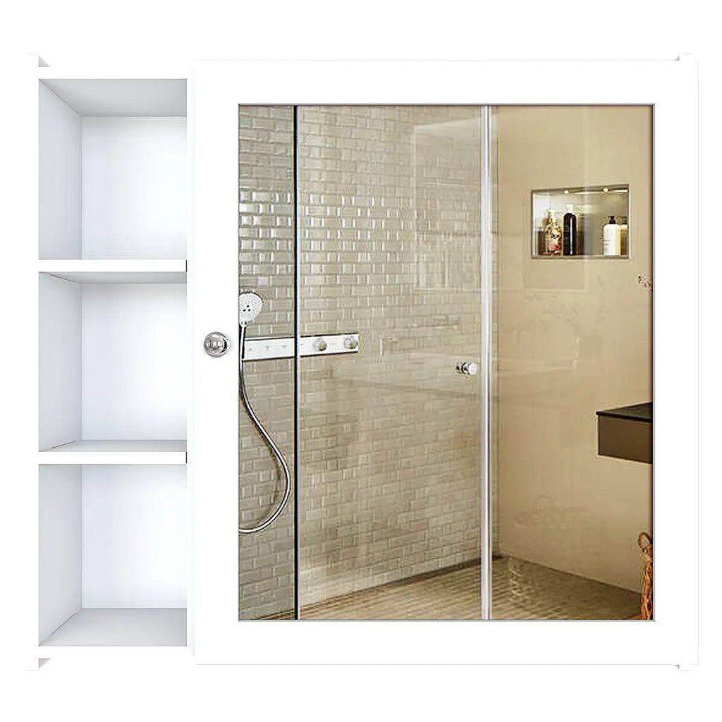 Minimal Design Wooden Bathroom Cabinet Mirror with 5 Spacious Shelves with White Finish - Decor Smart
