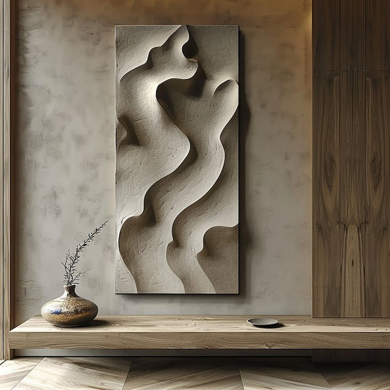 Minimalist 3D Wall Panel with Flowing Curves in Neutral Tone