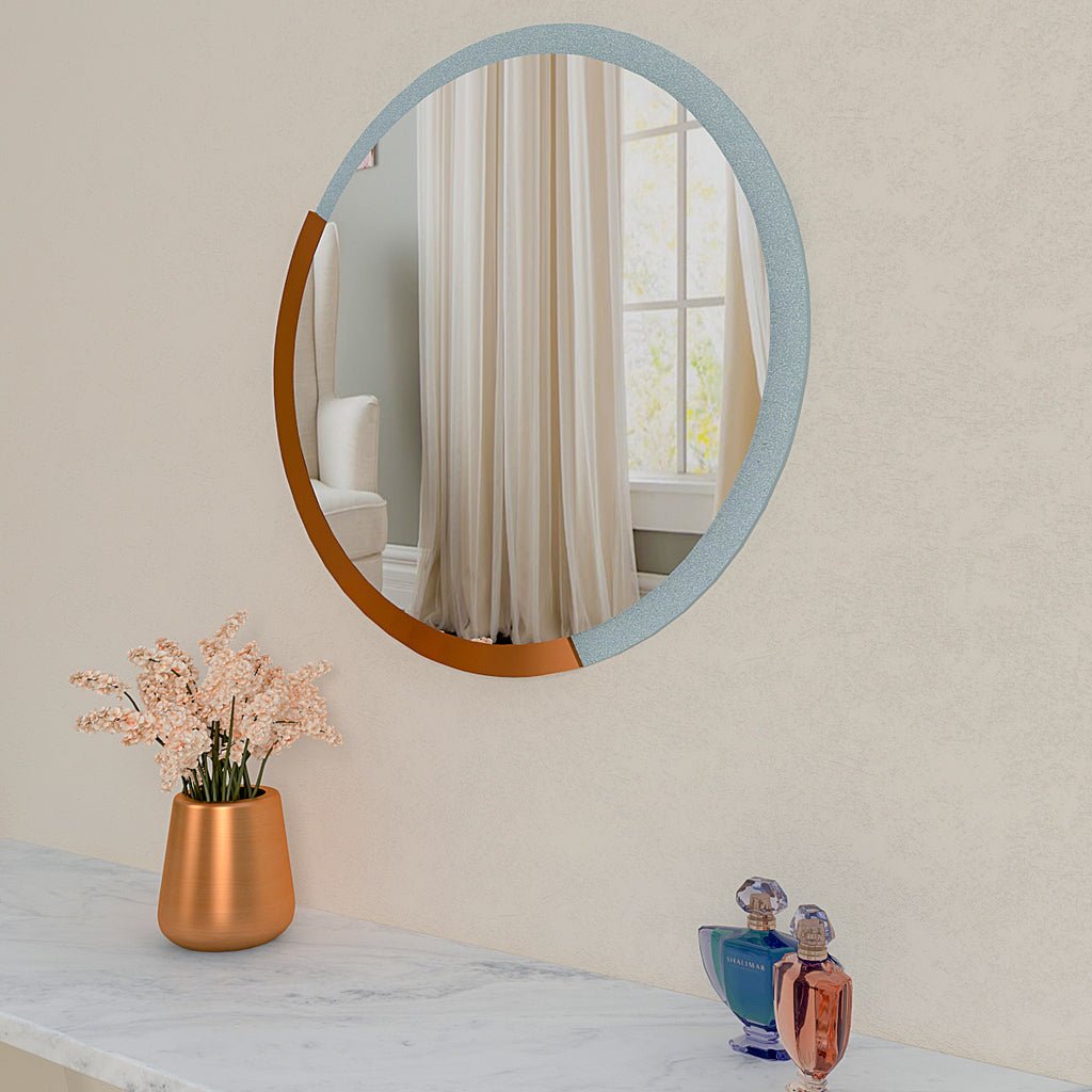 Minimalist Copper & Silver Finish Round Wooden Wall Mirror - Decor Smart