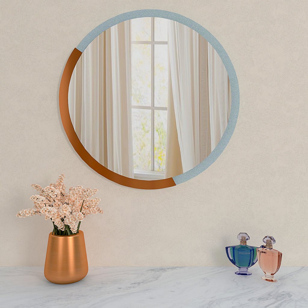 Minimalist Copper & Silver Finish Round Wooden Wall Mirror - Decor Smart