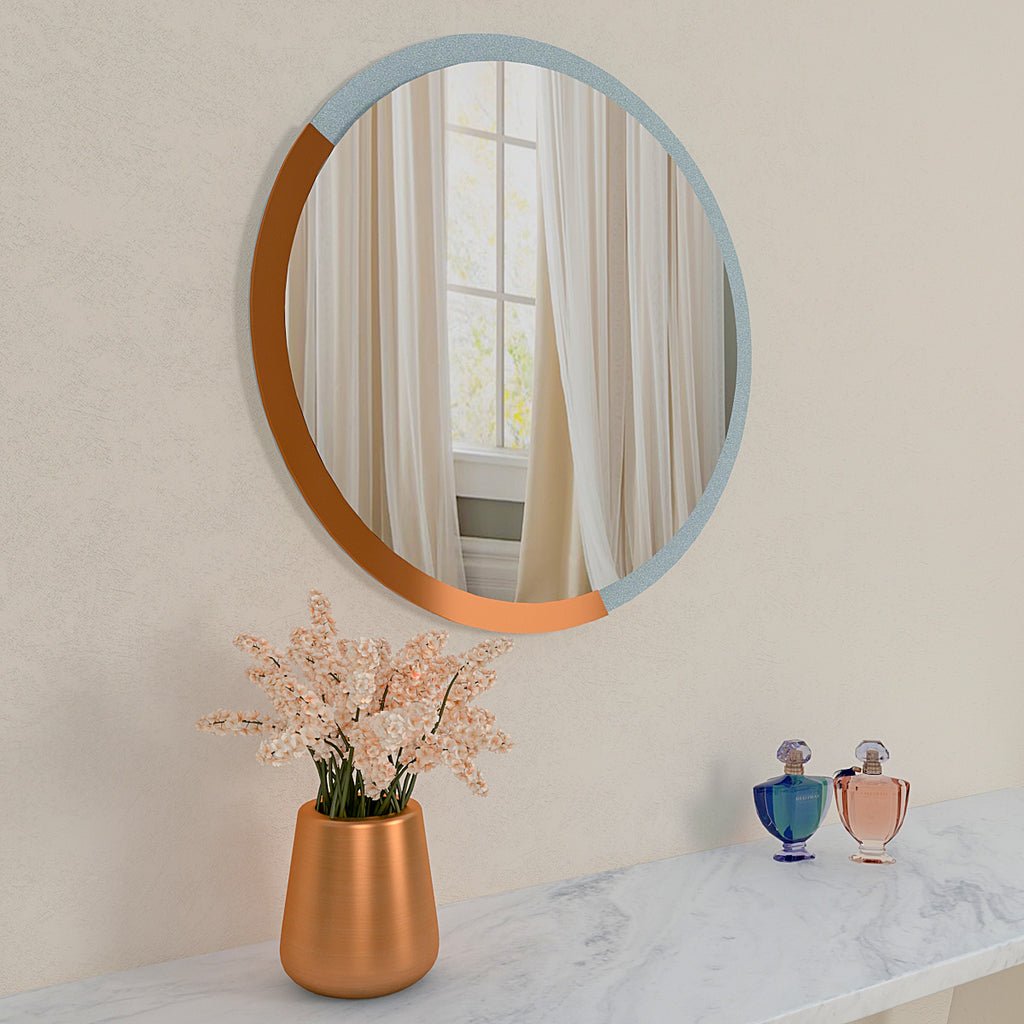 Minimalist Copper & Silver Finish Round Wooden Wall Mirror - Decor Smart