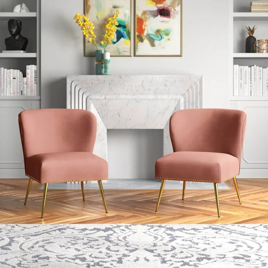 Minimalist Design Baby Pink Velvet Lounge Chairs Set Of 2 - Decor Smart